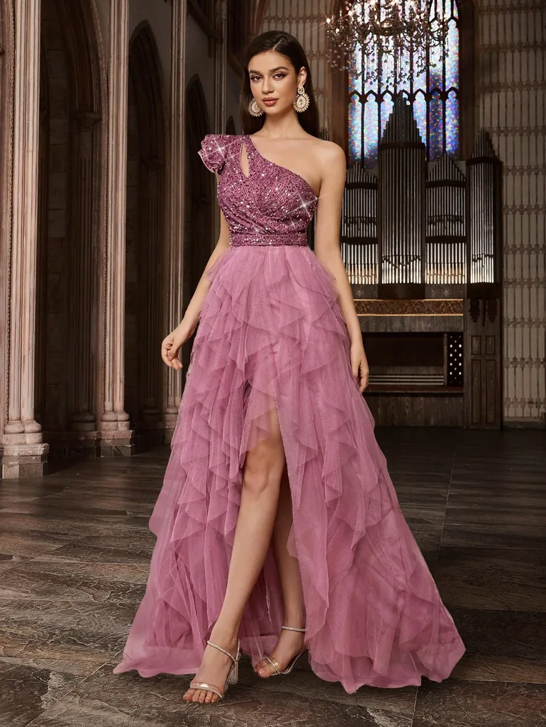 Sweet Sequins Asymmetrical Neck Multi Layered Cake Hem Mesh Gown Dresses