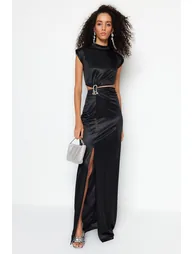 Black Satin Column Maxi Evening Dress