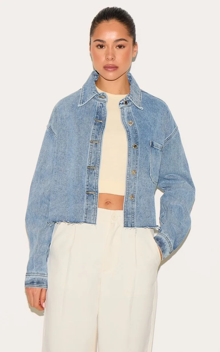Mid Blue Wash Raw Hem Cropped Denim Shirt - 5