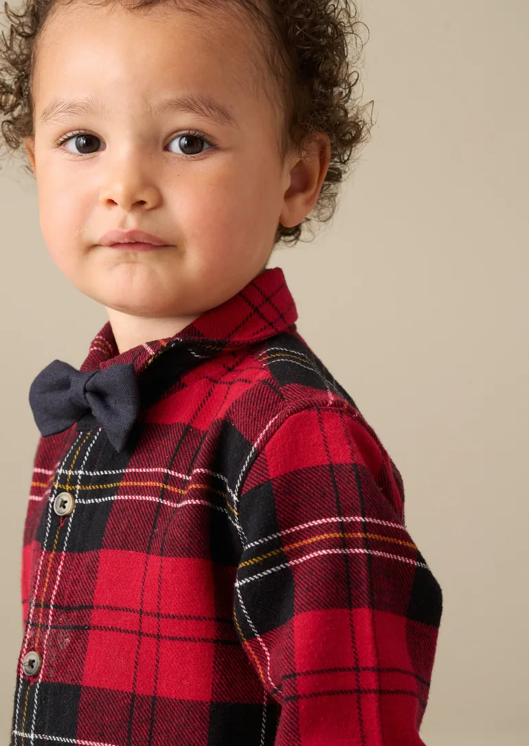 Abel Red Brushed Check Shirt With Bow Tie - 2