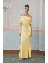 Ninon Yellow Off Shoulder Ruched Maxi Dress - 5
