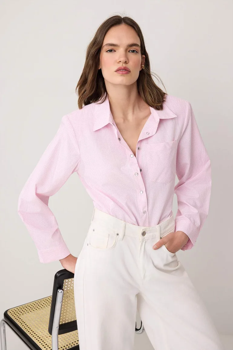 Pink-multicolor checkered padded wide cuffed oversize shirt