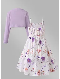 Girls Purple Floral Dress and Cardigan Set - 1