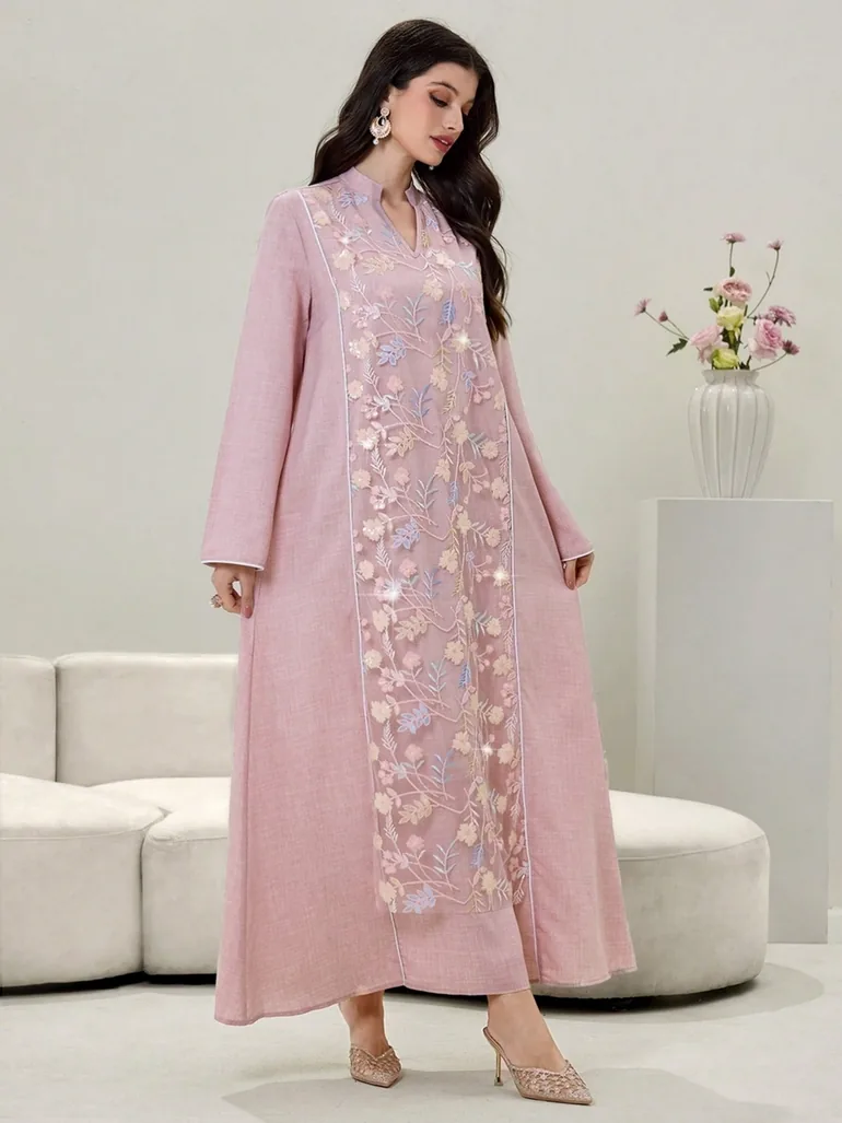 Women Floral Sequined Patch Open Collar Jalabiya - 3