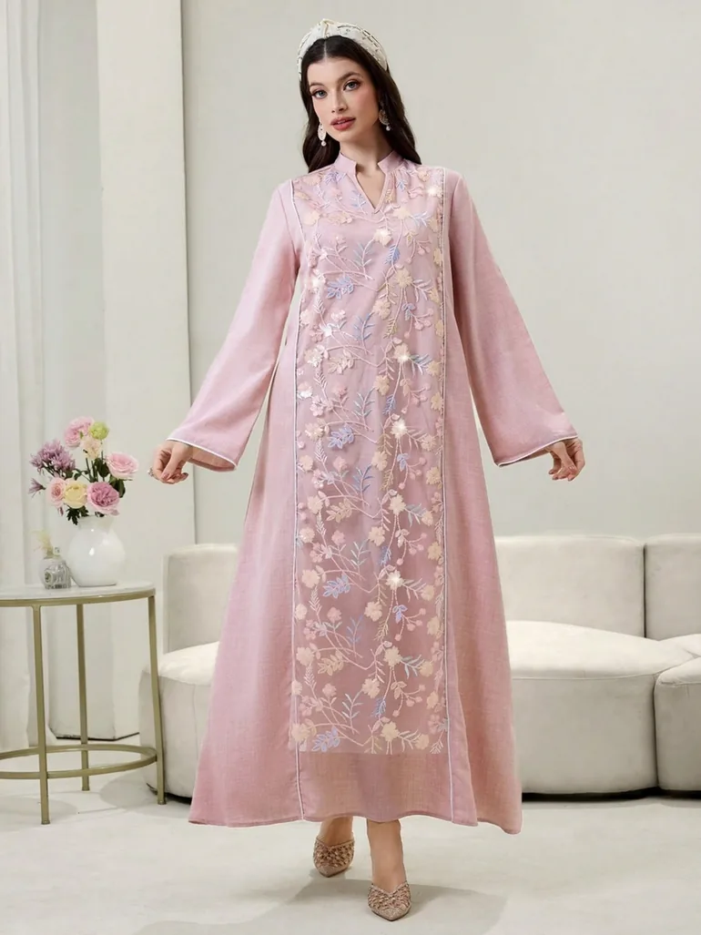 Women Floral Sequined Patch Open Collar Jalabiya - 1