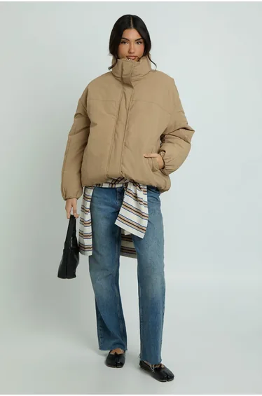 Funnel Neck Oversized Puffer Jacket - stone