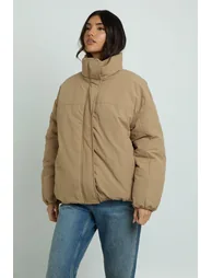 Funnel Neck Oversized Puffer Jacket - stone - 1