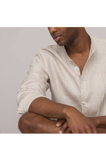 Linen Mandarin Collar Shirt, Regular Fit with Long Sleeves product thumbnail 2