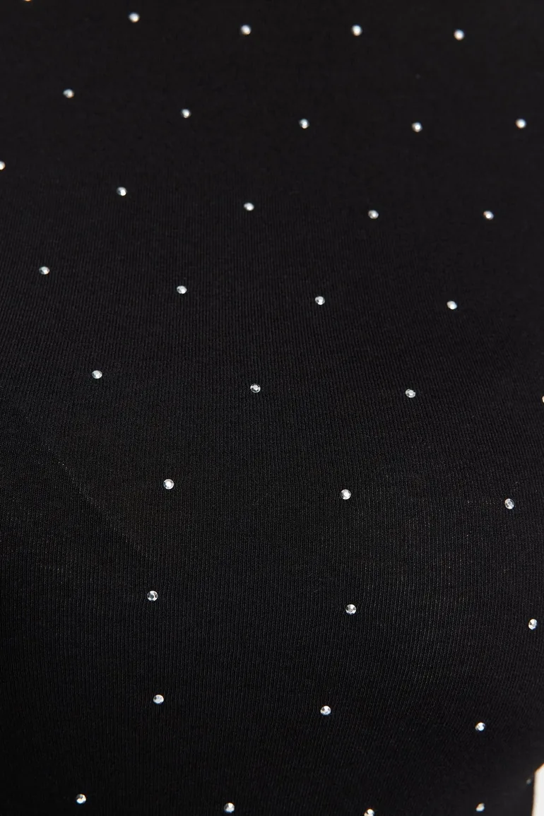 Black Shiny Stone Printed Cotton Long Sleeve Knitted Body - 3
