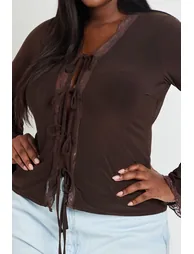 Plus Lace Trim Tie Front Long Sleeve Top - chocolate - 3