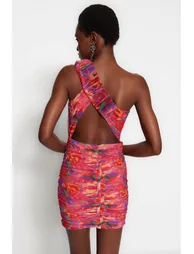 Floral Chiffon Bodycon Mini Dress with One Shoulder - 5