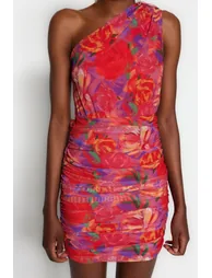 Floral Chiffon Bodycon Mini Dress with One Shoulder - 4