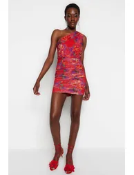 Floral Chiffon Bodycon Mini Dress with One Shoulder - 2