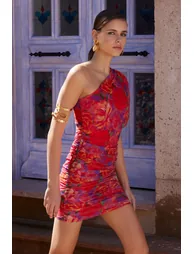 Floral Chiffon Bodycon Mini Dress with One Shoulder - 1