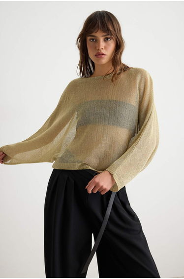 Gold Crew Neck Metal Threaded Cape Knitwear Sweater product thumbnail 2