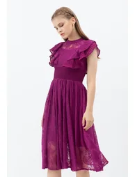 Tiered Ruffle Sleeveless Midi Lace Dress in Magenta - 6