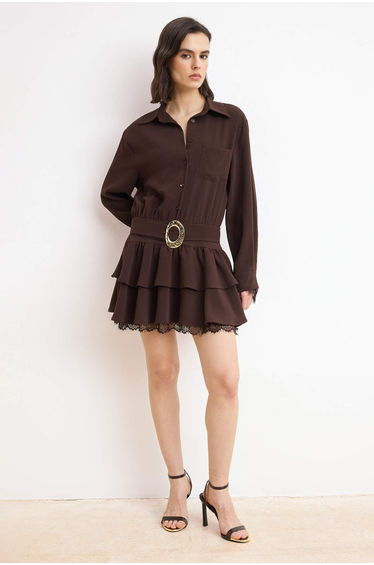 Brown Belt Li Lace Detailed Woven Shirt Collar Dress