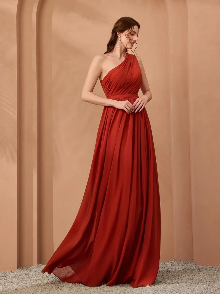 Leely Rust One-Shoulder Chiffon A-Line Bridesmaid Dress - 1