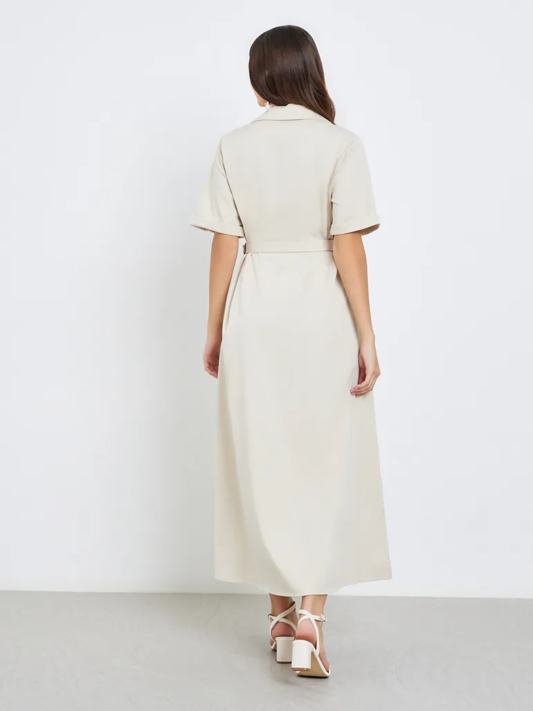 Notch Lapel Belted A-Line Maxi Dress - 4