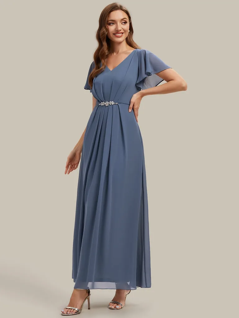 Short Sleeve Ruffle V-Neck Beaded A-Line Maxi Wedding Guest Dresses - 3