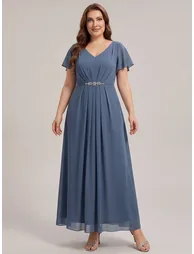 Short Sleeve Ruffle V-Neck Beaded A-Line Maxi Wedding Guest Dresses - 5