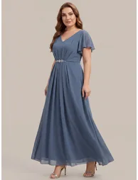 Short Sleeve Ruffle V-Neck Beaded A-Line Maxi Wedding Guest Dresses - 8