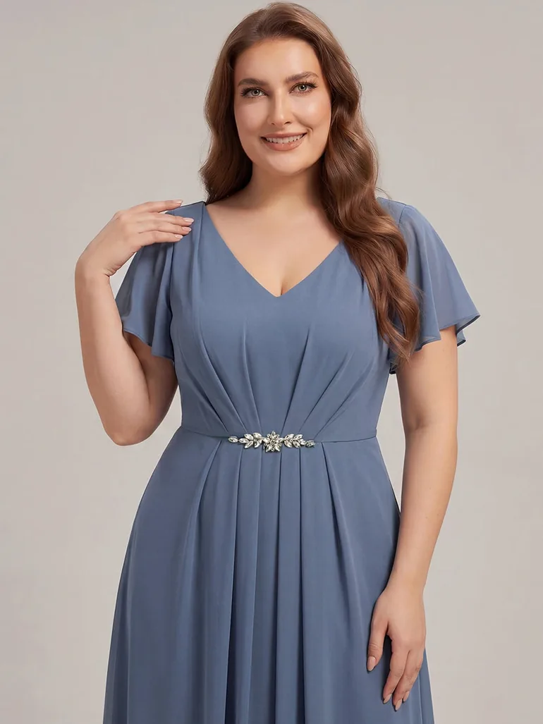 Short Sleeve Ruffle V-Neck Beaded A-Line Maxi Wedding Guest Dresses - 7