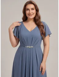 Short Sleeve Ruffle V-Neck Beaded A-Line Maxi Wedding Guest Dresses - 7