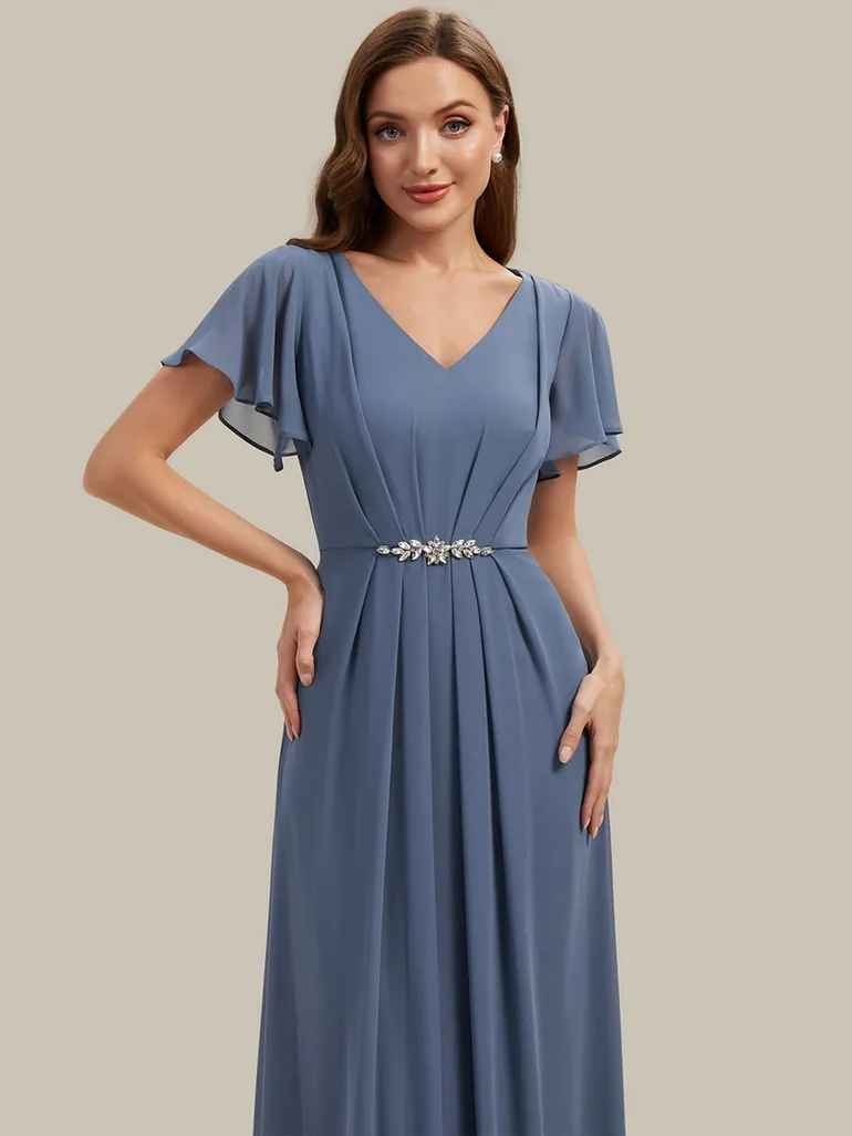 Short Sleeve Ruffle V-Neck Beaded A-Line Maxi Wedding Guest Dresses - 2