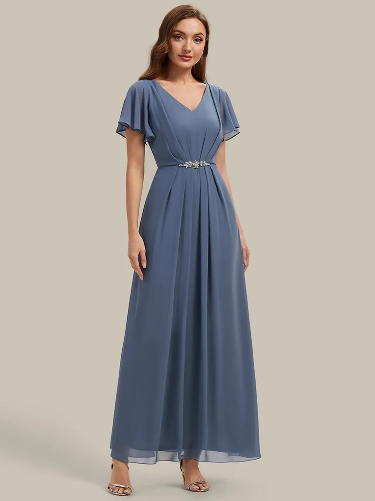 Short Sleeve Ruffle V-Neck Beaded A-Line Maxi Wedding Guest Dresses - 4