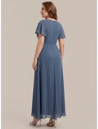 Short Sleeve Ruffle V-Neck Beaded A-Line Maxi Wedding Guest Dresses - 6