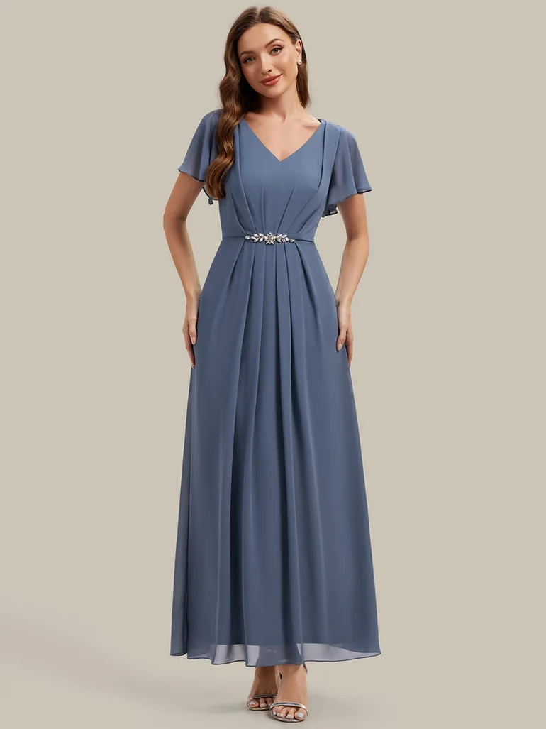 Short Sleeve Ruffle V-Neck Beaded A-Line Maxi Wedding Guest Dresses