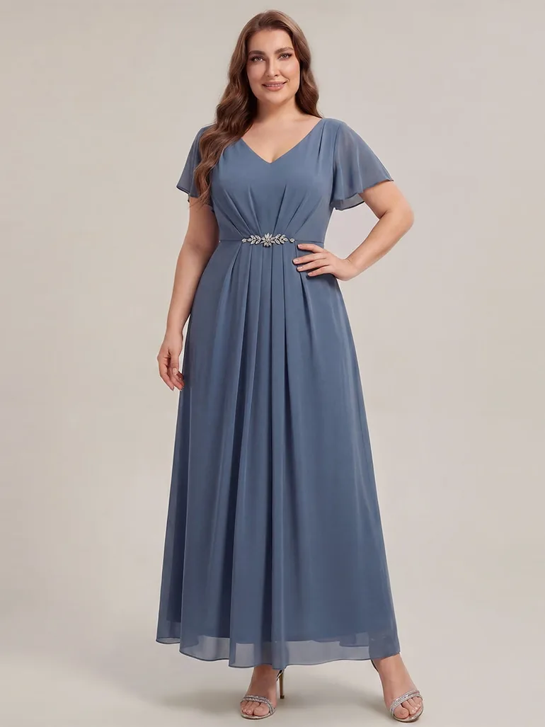 Short Sleeve Ruffle V-Neck Beaded A-Line Maxi Wedding Guest Dresses - 9