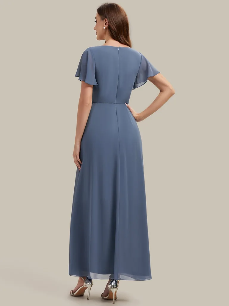 Short Sleeve Ruffle V-Neck Beaded A-Line Maxi Wedding Guest Dresses - 1