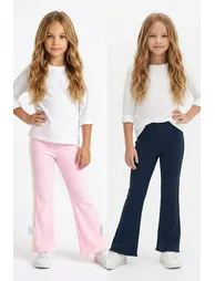 Navy Blue-Pink 2-Piece Girls' Plain Knitted Tights