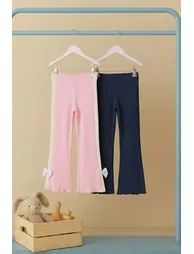Navy Blue-Pink 2-Piece Girls' Plain Knitted Tights - 1