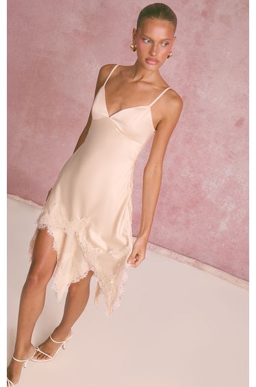 Cream Satin Lace Trim Detail Mini Dress