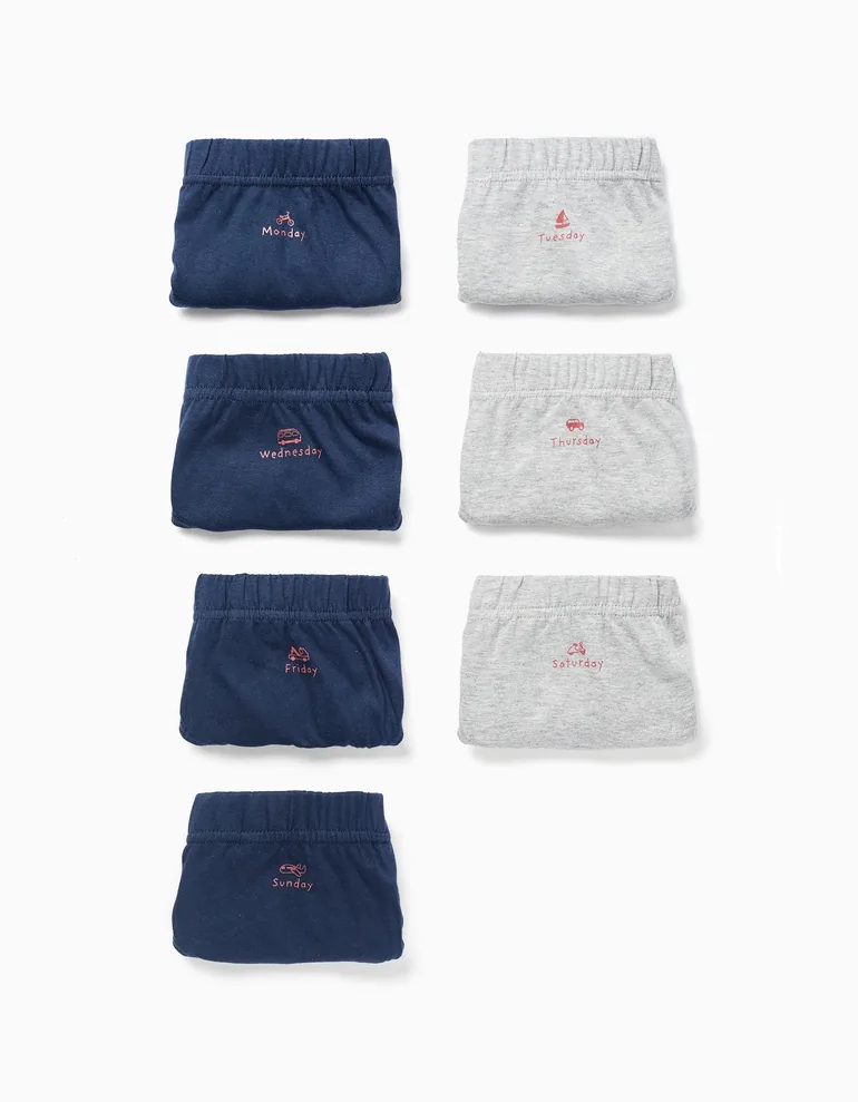 Pack Of 7 Cotton Briefs With Weekdays Print For Boys, Blue/Grey