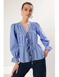 Blue Checkered V Neck Front Tie Detailed Woven Blouse