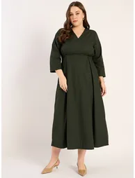 Plus Size Solid Pleated Poplin A-Line  Dress