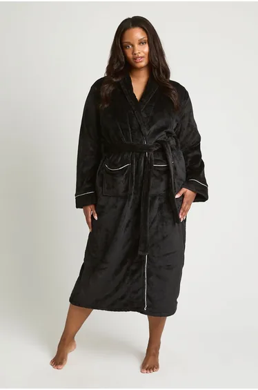 Plus Fleece Piping Detail Long Dressing Gown - black