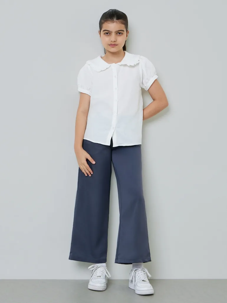 Teen Girls White Peter Pan Collar Puff Sleeve Shirt - 1