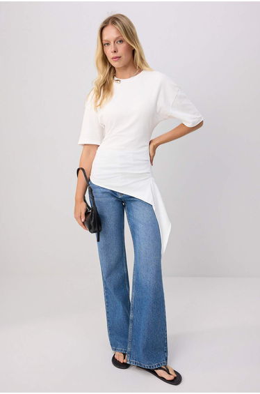 Ecru Fitted/Body-Fitting Short Sleeve Gathered Long Cotton Stretch Knitted T-Shirt