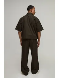 Oversized Half Sleeve Shirt & Wide Leg Trouser Set - khaki - 1