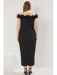 Black Madonna Collar Ruffle Slit Woven Plus Size Dress - 4