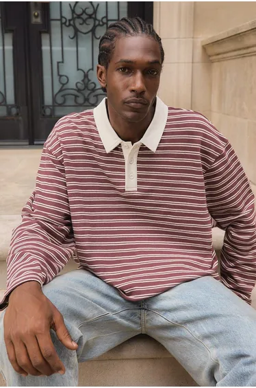 Heavyweight Pique Oversized Boxy Stripe Long-sleeve Polo - chocolate
