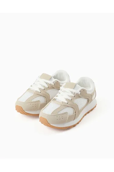 Trainers With Laces And Non-Slip Rubber Sole For Girls, Beige/White