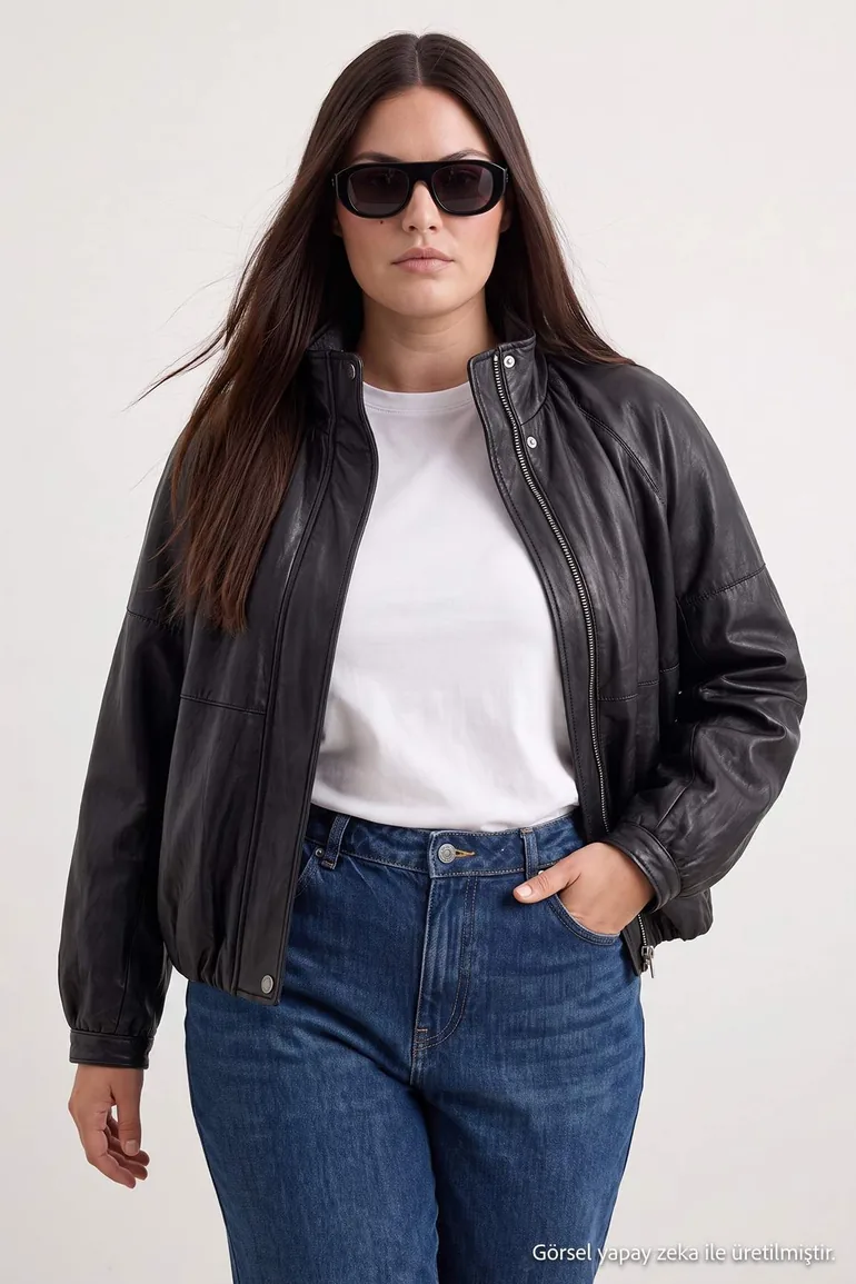Black Oversize Fit Soft Faux Leather Plus Size Bomber Coat - 1