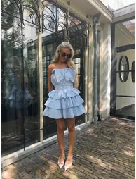 Light Blue Tiered Pleated Mini-Dress - 3