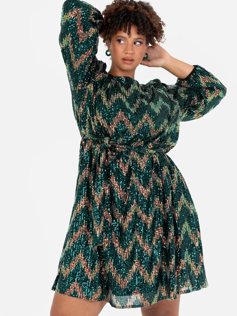 Lovedrobe Luxe Zig-Zag Sequin Long Sleeve Belted Mini Dress